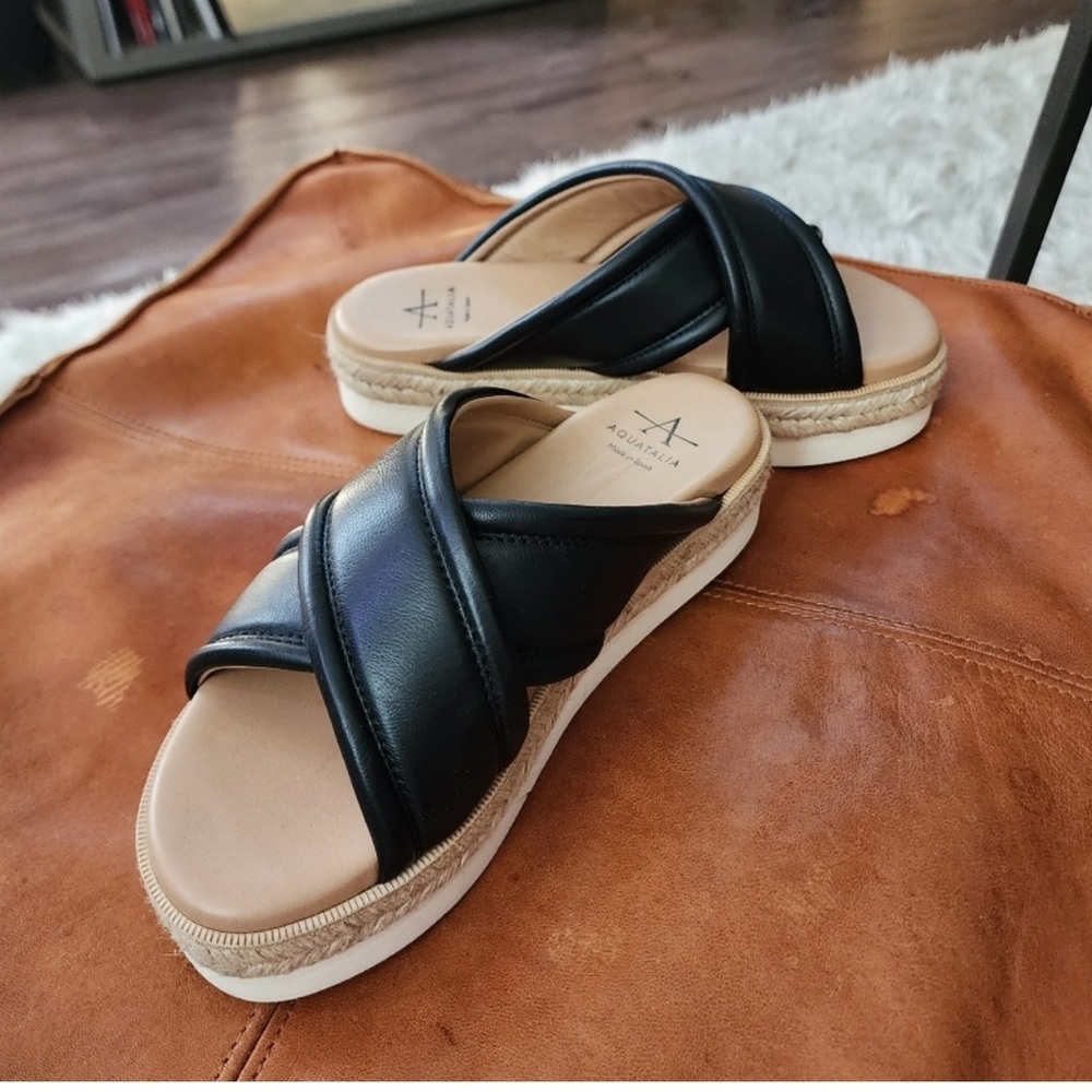 Aquatalia Black Leather Crisscross Slide Sandals